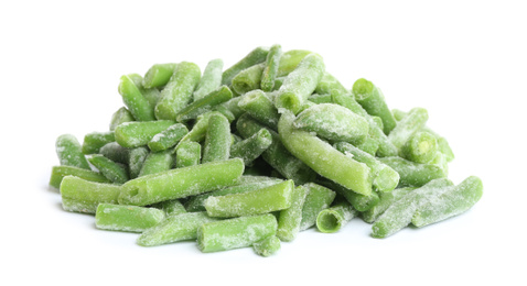Photo of Frozen green beans isolated on white. Vegetable preservation