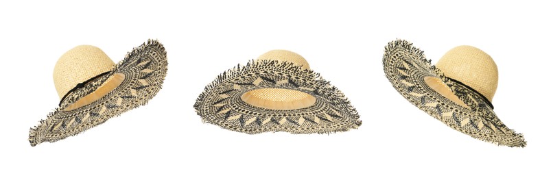 Image of Set with stylish straw hats on white background, banner design. Stylish headdress