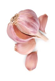 Photo of Head and cloves of fresh garlic isolated on white, top view