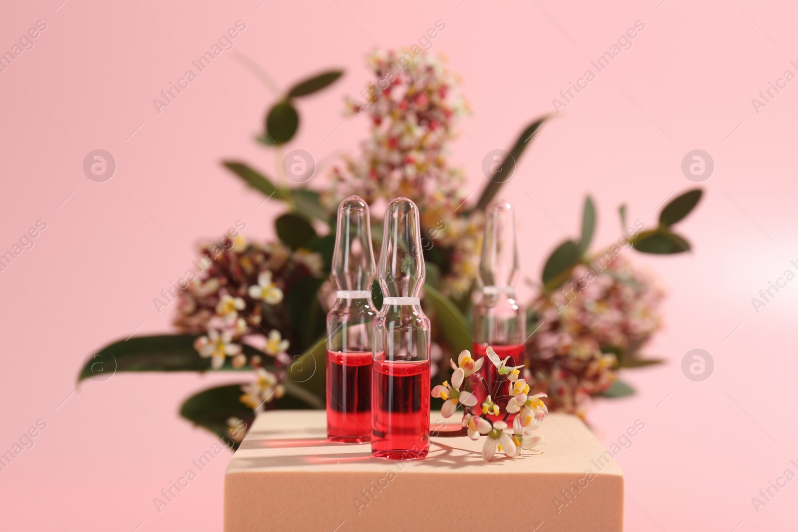 Photo of Stylish presentation of skincare ampoules and flowers on pink background, closeup