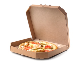 Open cardboard box with delicious pizza on white background. Food delivery