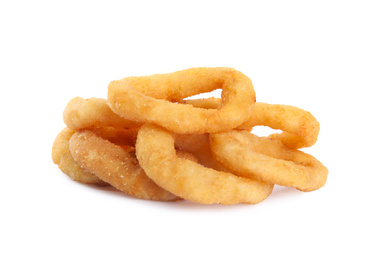 Photo of Delicious golden onion rings isolated on white