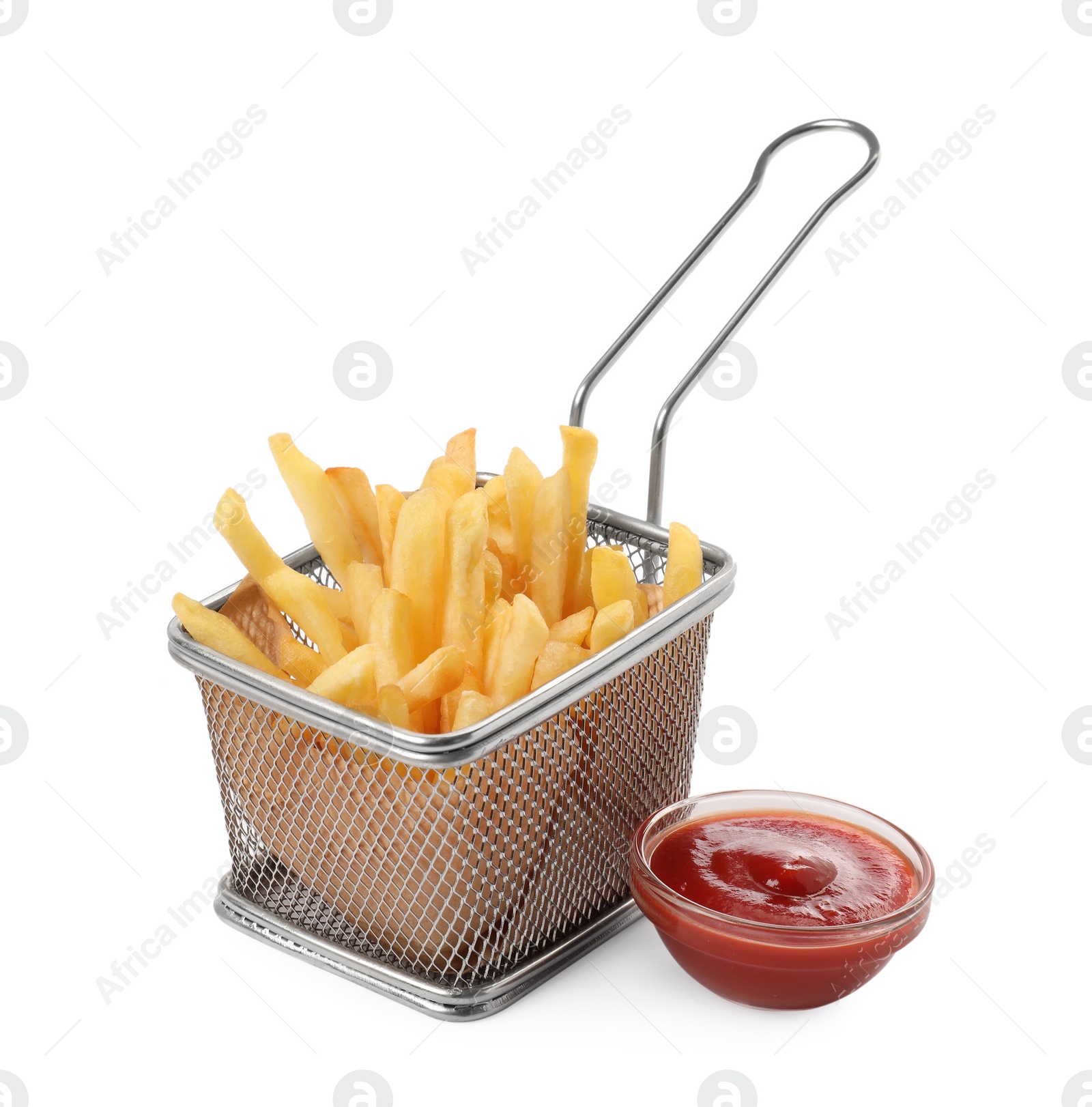 Photo of Tasty french fries with ketchup on white background