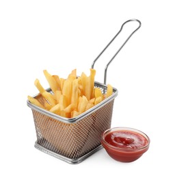 Tasty french fries with ketchup on white background