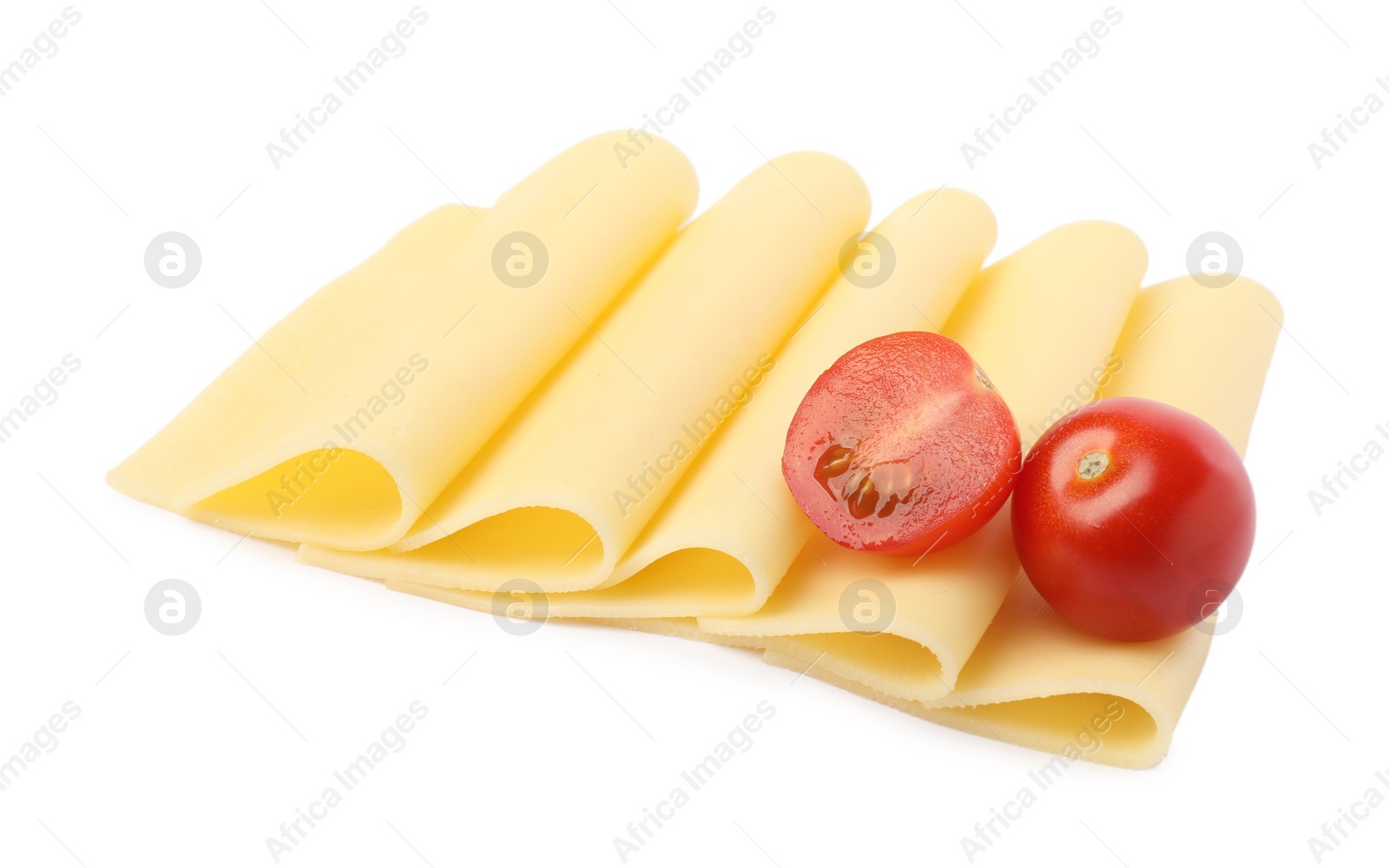 Photo of Slices of tasty fresh cheese and tomatoes isolated on white