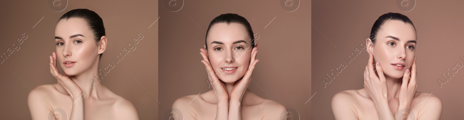 Image of Beautiful woman with perfect skin on light brown background, collage of photos. Banner design