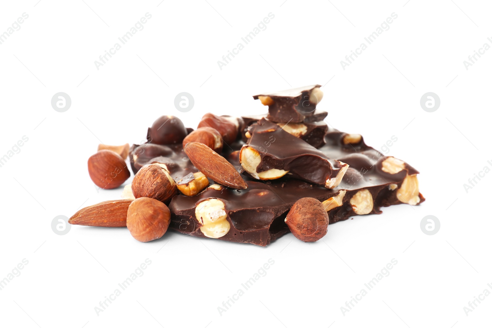 Photo of Delicious black chocolate with nuts on white background