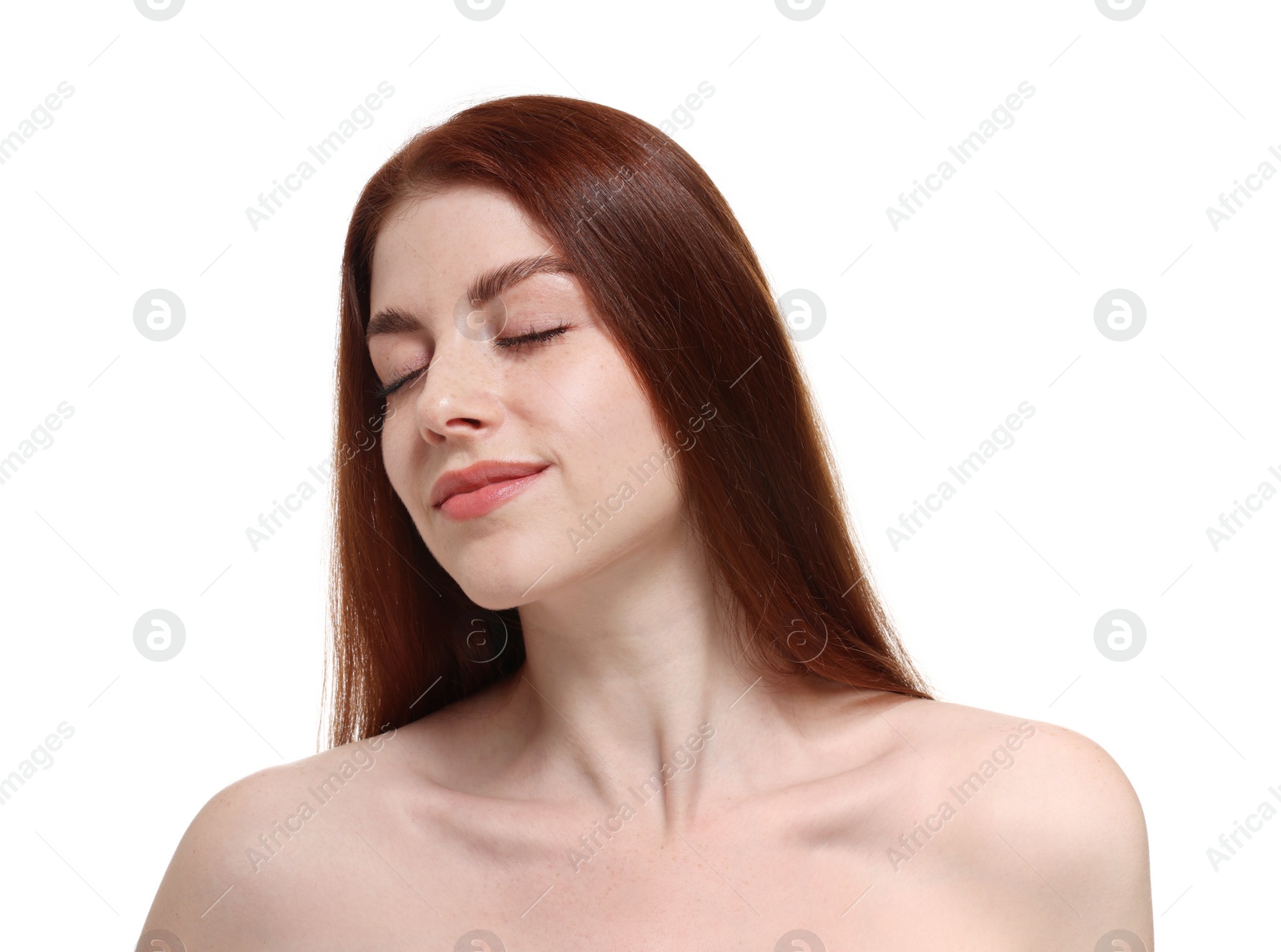 Photo of Portrait of beautiful woman with freckles on white background