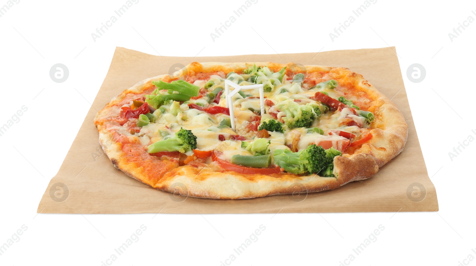 Photo of One delicious vegetarian pizza isolated on white