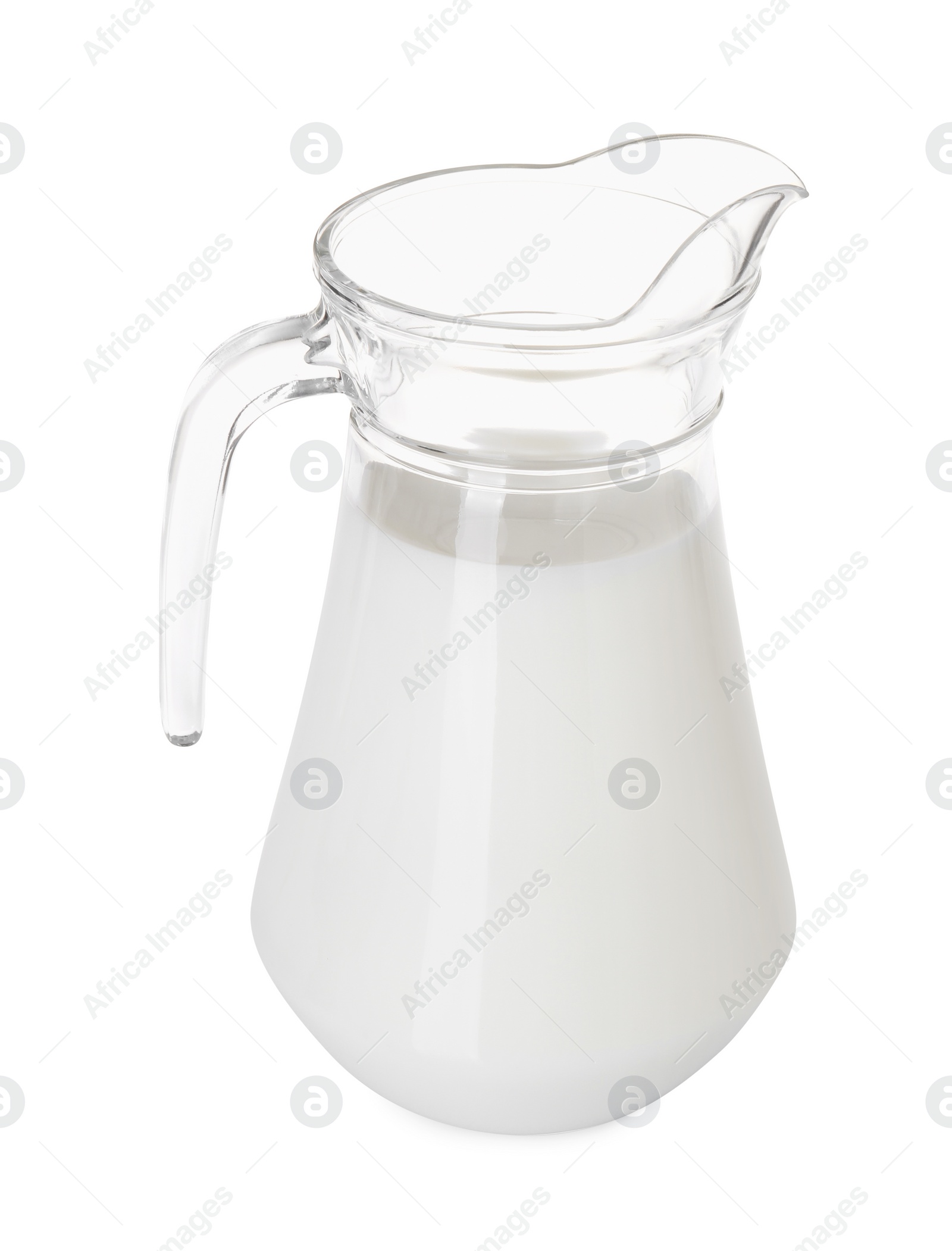 Photo of Glass jug of fresh milk isolated on white