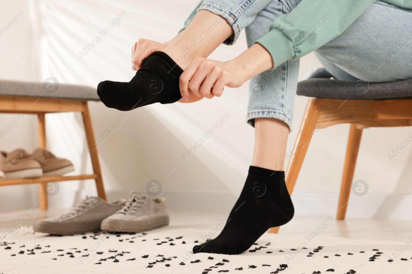 Photo of Woman putting on black socks at home, closeup