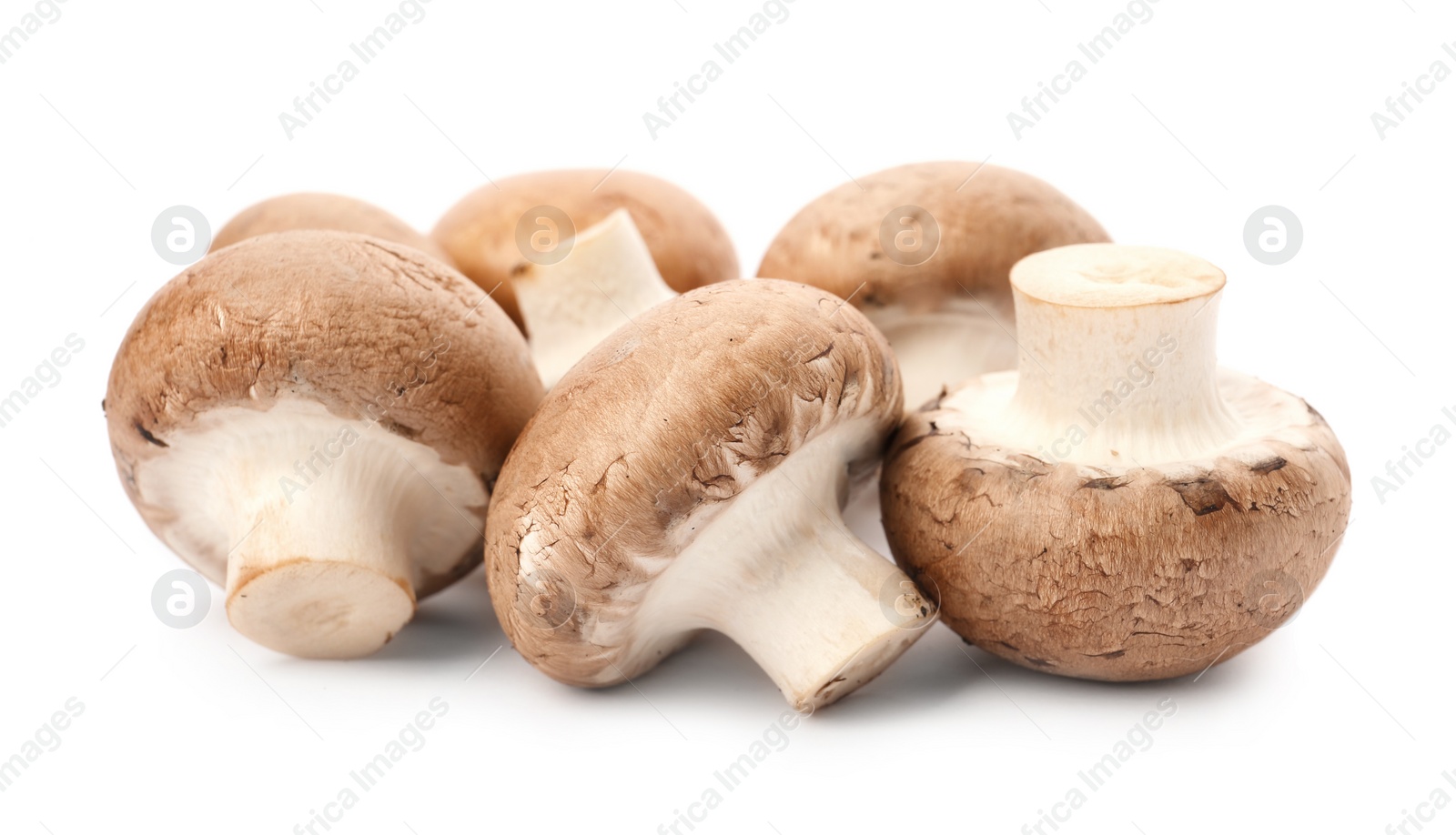 Photo of Fresh raw champignon mushrooms on white background