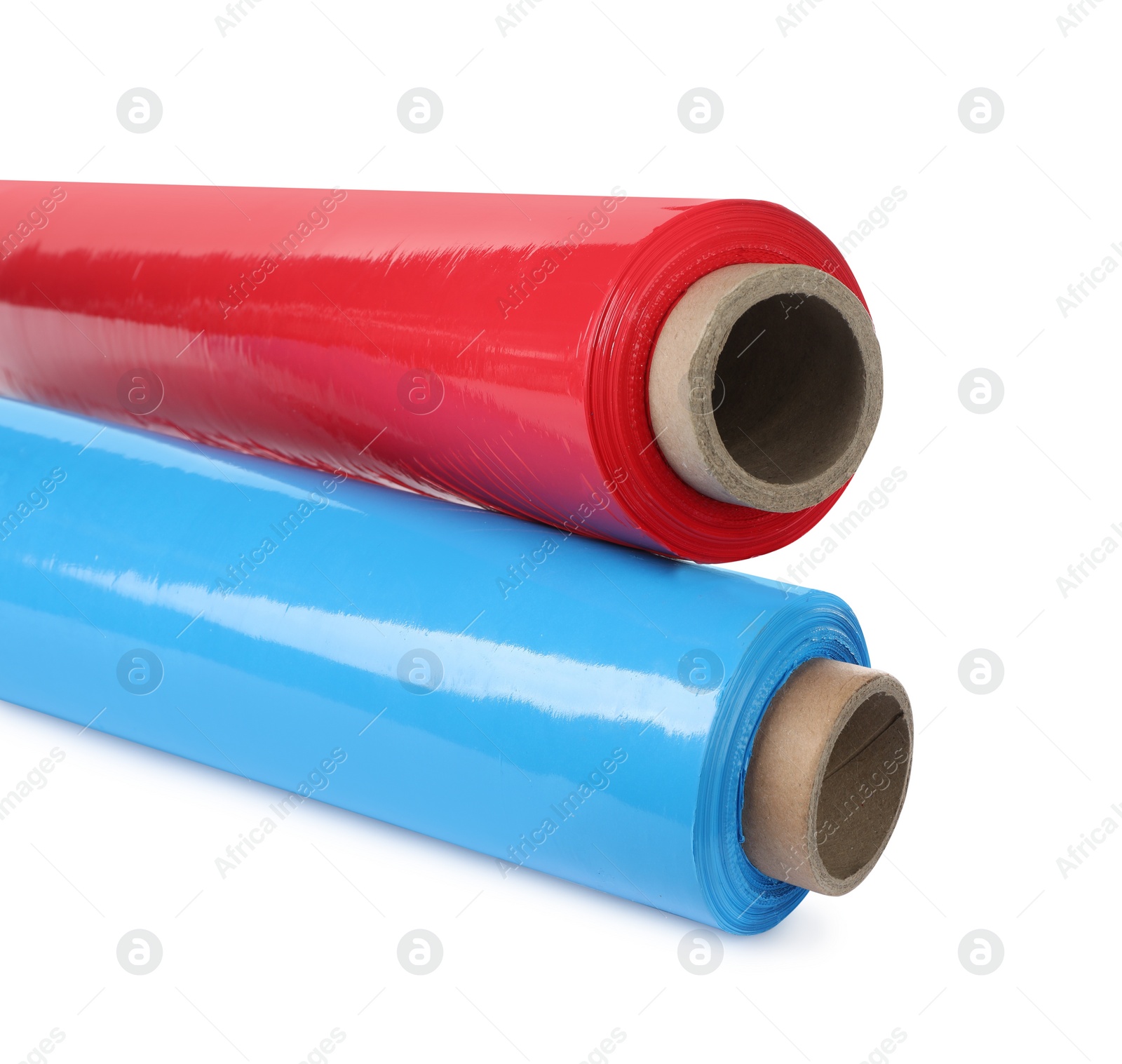 Photo of Different plastic stretch wrap films on white background