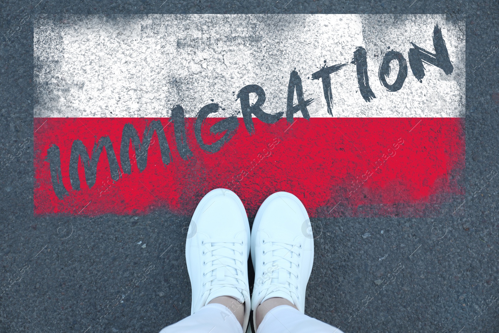 Image of Immigration. Woman standing on asphalt near flag of Poland, top view