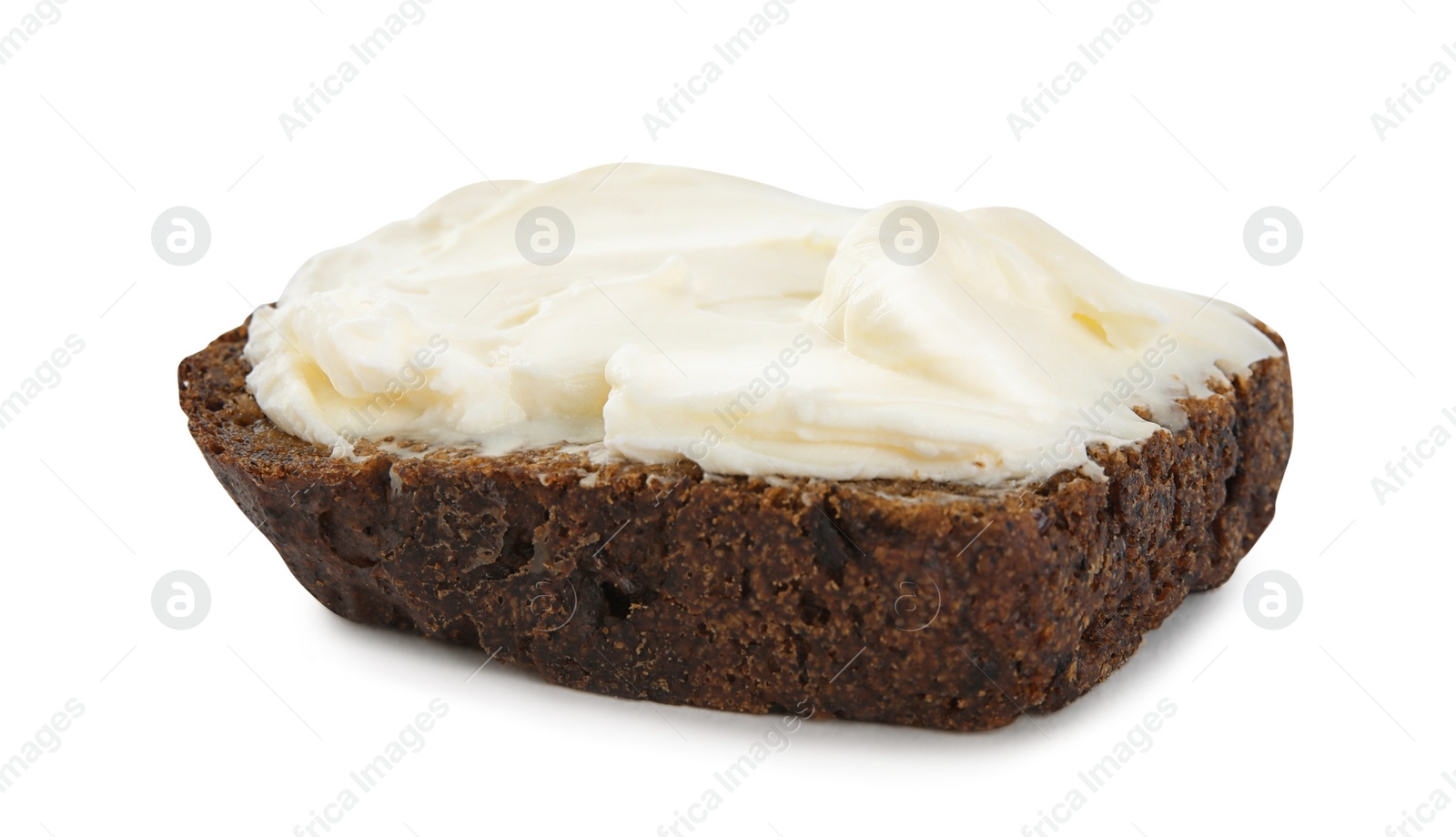 Photo of Bread with cream cheese on white background