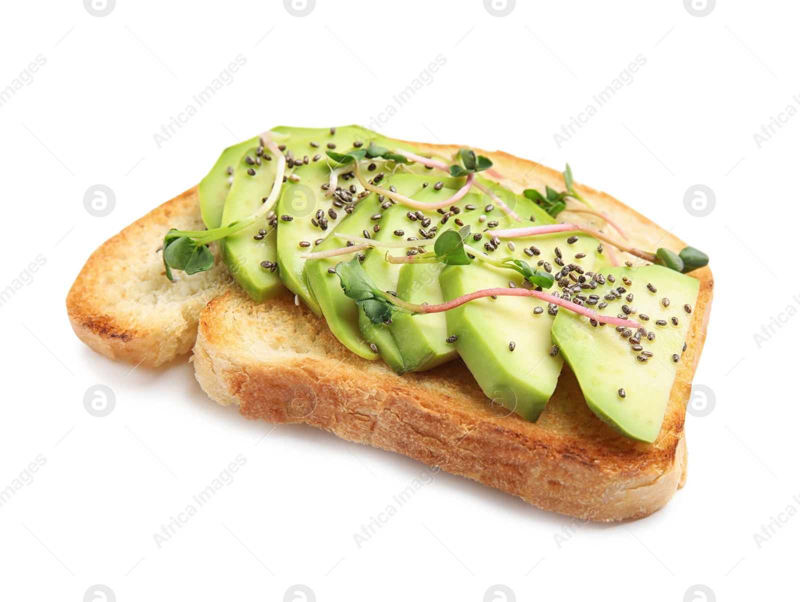 Photo of Tasty toast with avocado, sprouts and chia seeds on white background