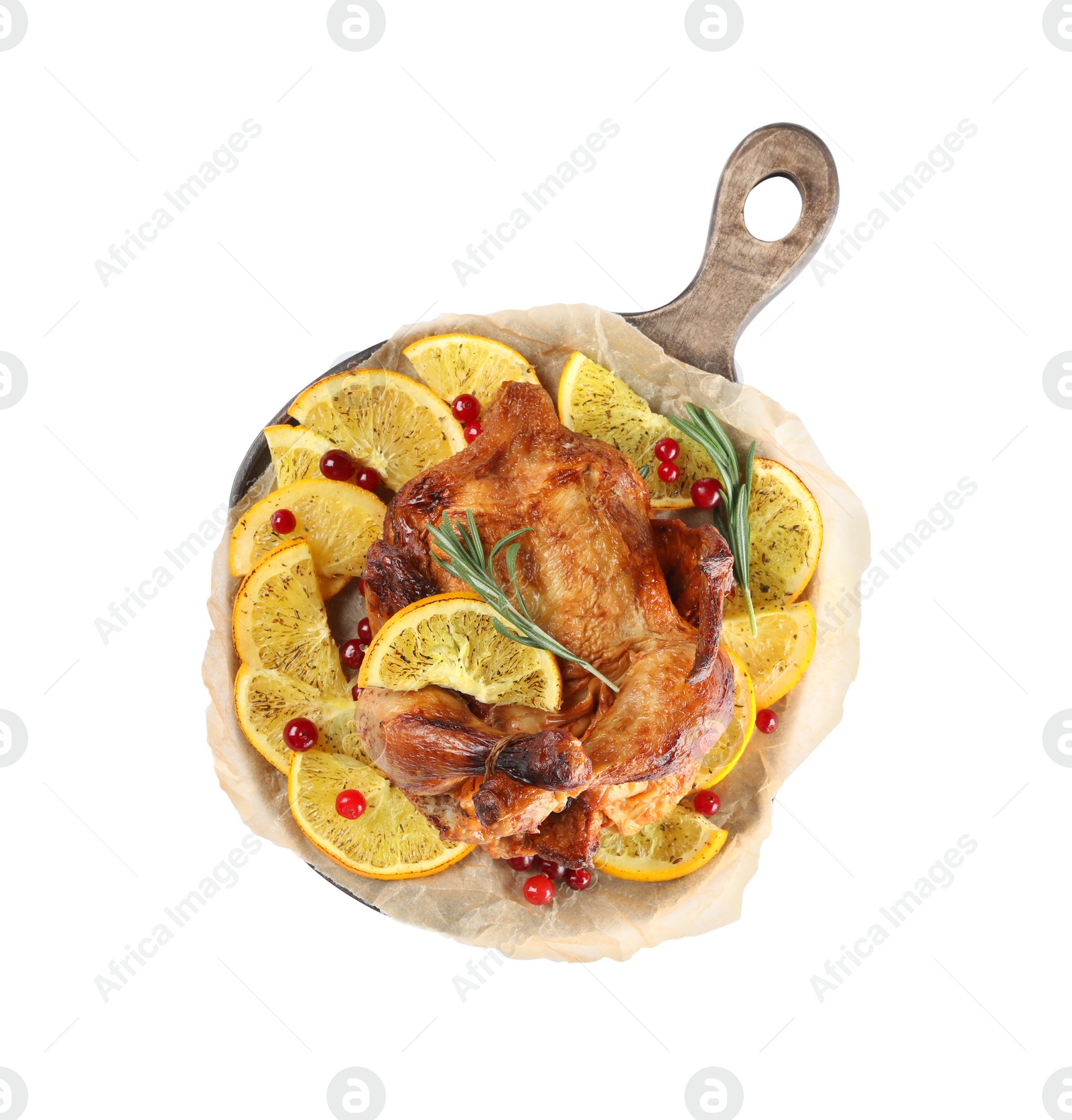 Photo of Chicken with orange slices isolated on white, top view