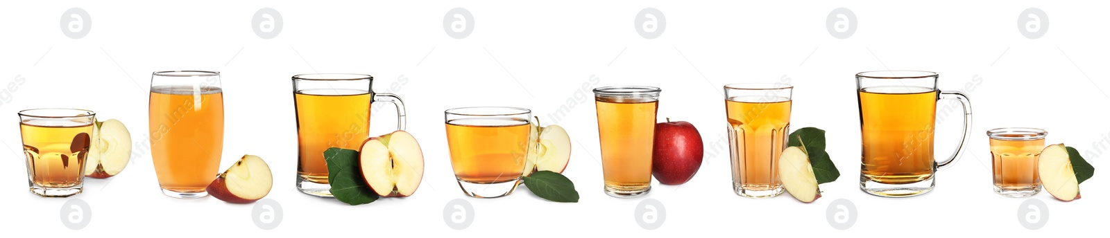 Image of Set with tasty apple cider and fresh fruits isolated on white