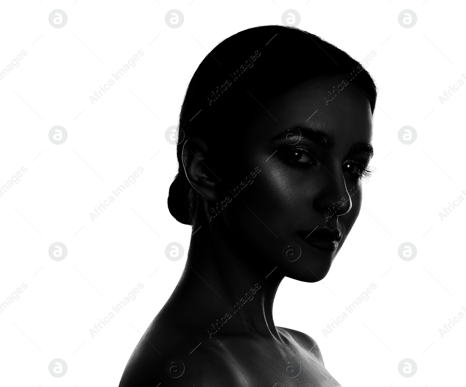 Image of Silhouette of beautiful woman on white background