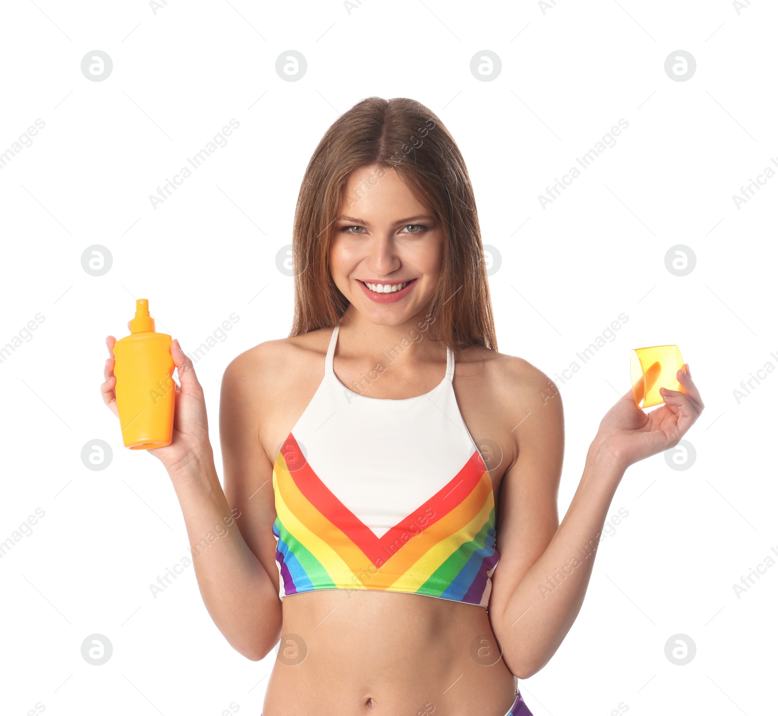 Photo of Woman with bottle of sun protection body cream on white background