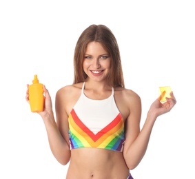 Photo of Woman with bottle of sun protection body cream on white background