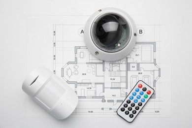 Photo of CCTV camera, remote control, movement detector and building plan on white background, flat lay. Home security system