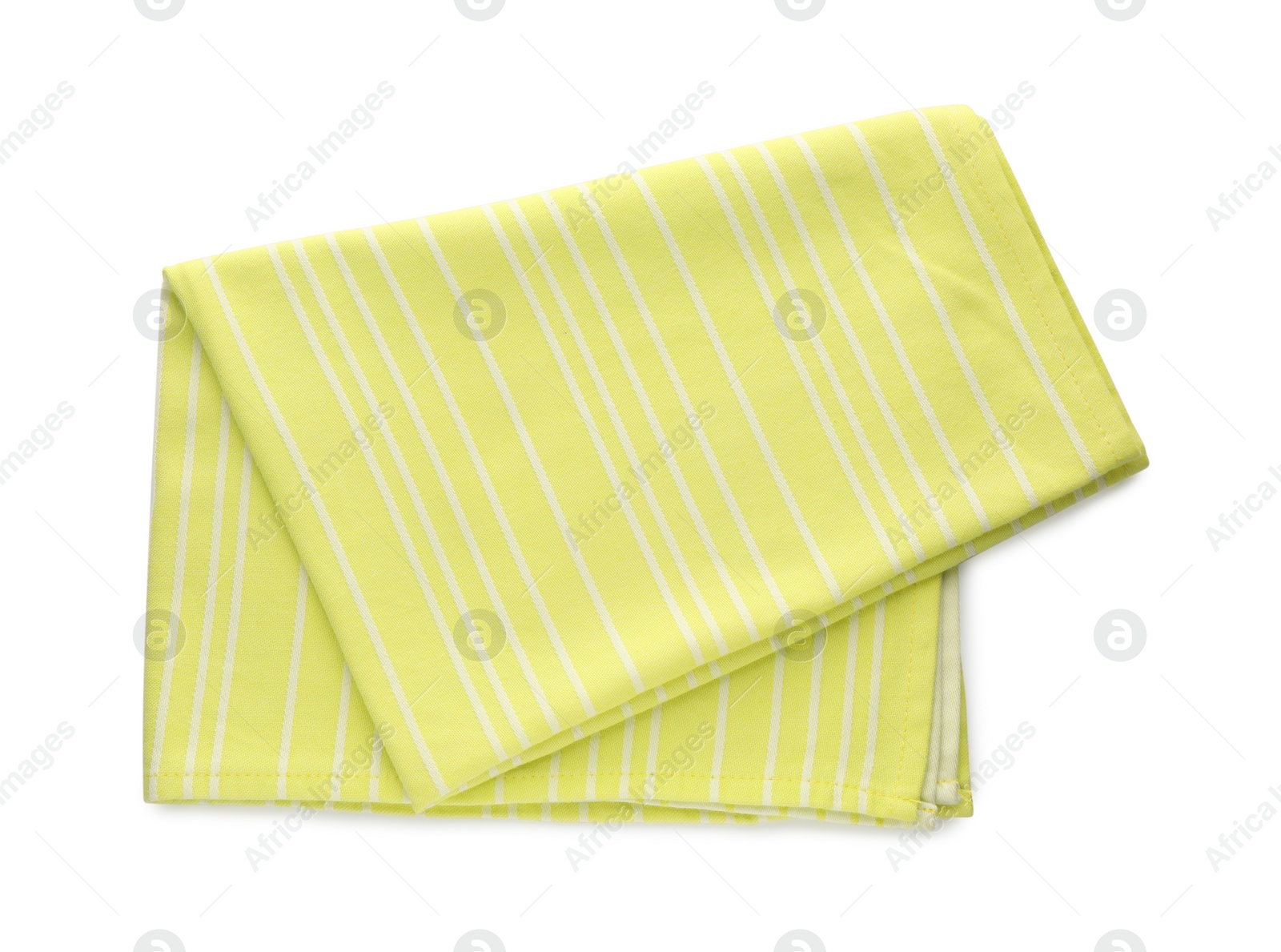 Photo of Yellow striped kitchen towel isolated on white, top view