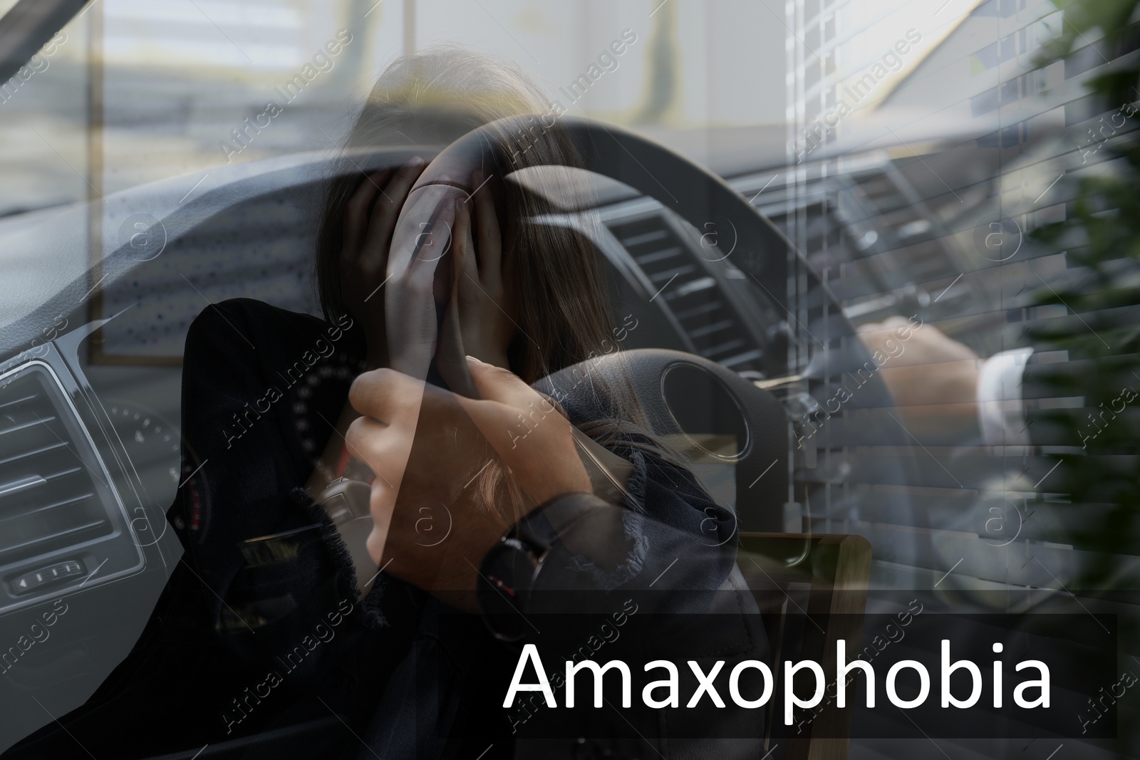 Image of Woman suffering from amaxophobia. Irrational fear of vehicles