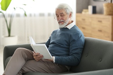 Portrait of happy grandpa reading book on sofa indoors