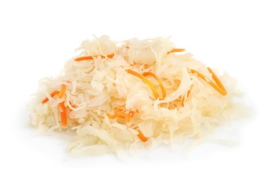 Photo of Tasty sauerkraut with carrot on white background