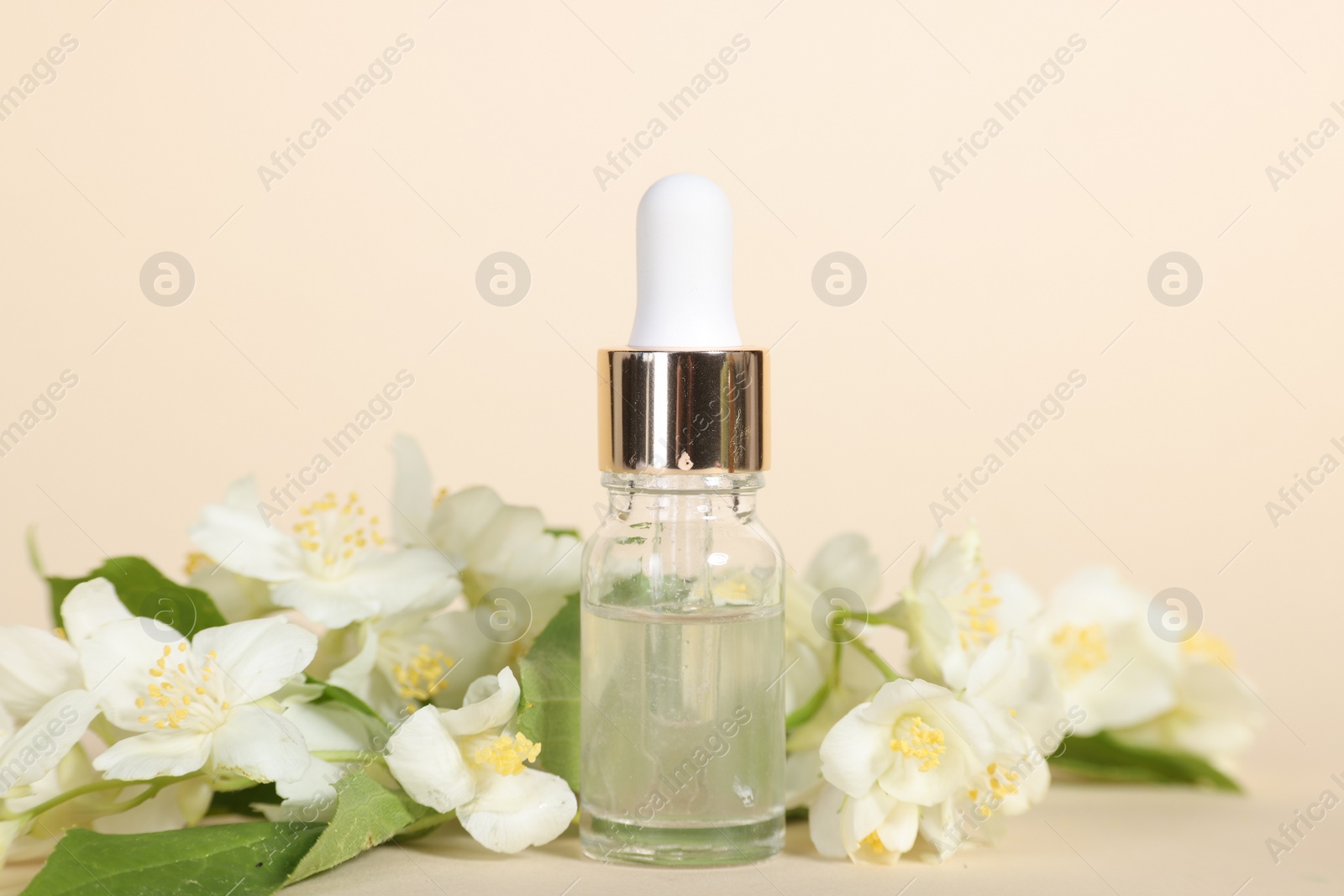 Photo of Essential oil in bottle and beautiful jasmine flowers on beige background, closeup