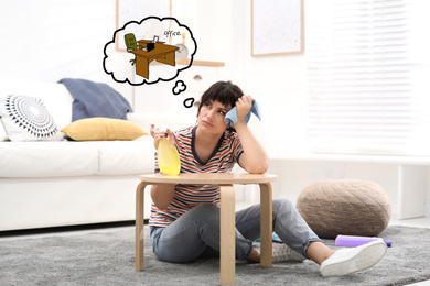 Image of Housewife dreaming about new job at home. Concept of balance between life and work