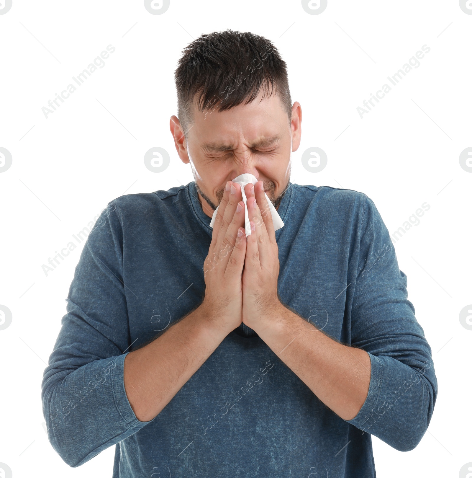 Photo of Man suffering from allergy on white background