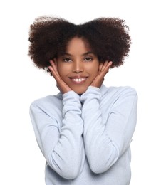 Portrait of smiling African American woman on white background