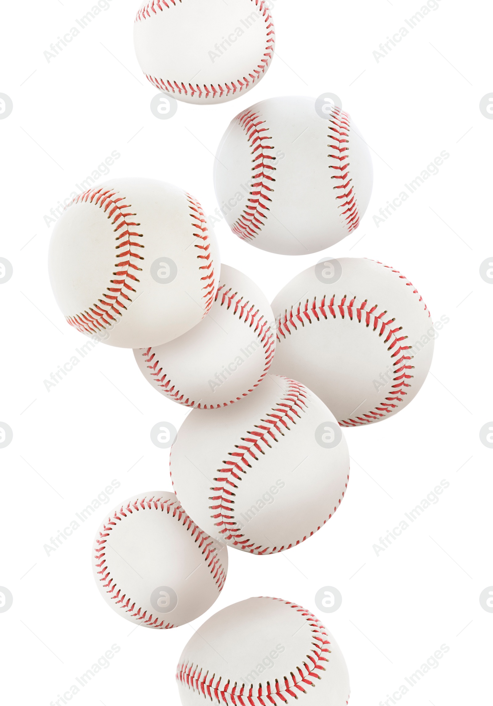 Image of Many baseball balls falling on white background