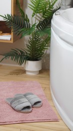 Bath mat, fluffy slippers and houseplant near tub in bathroom