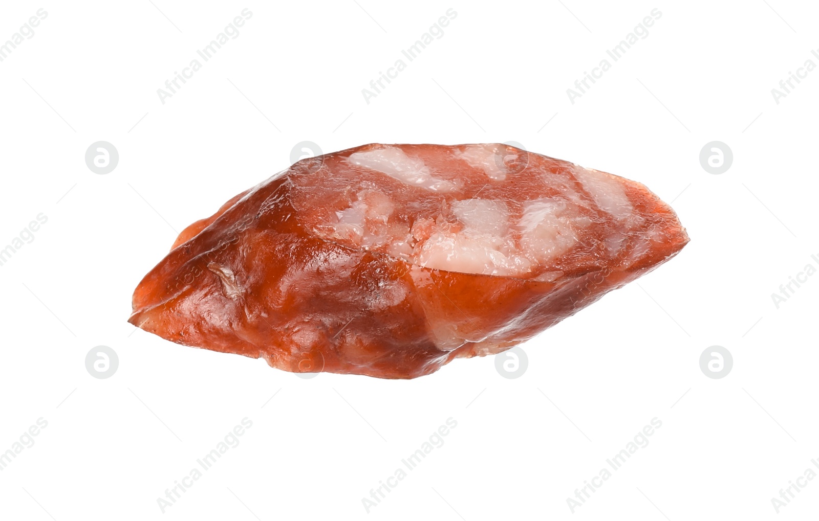 Photo of Piece of thin dry smoked sausage isolated on white