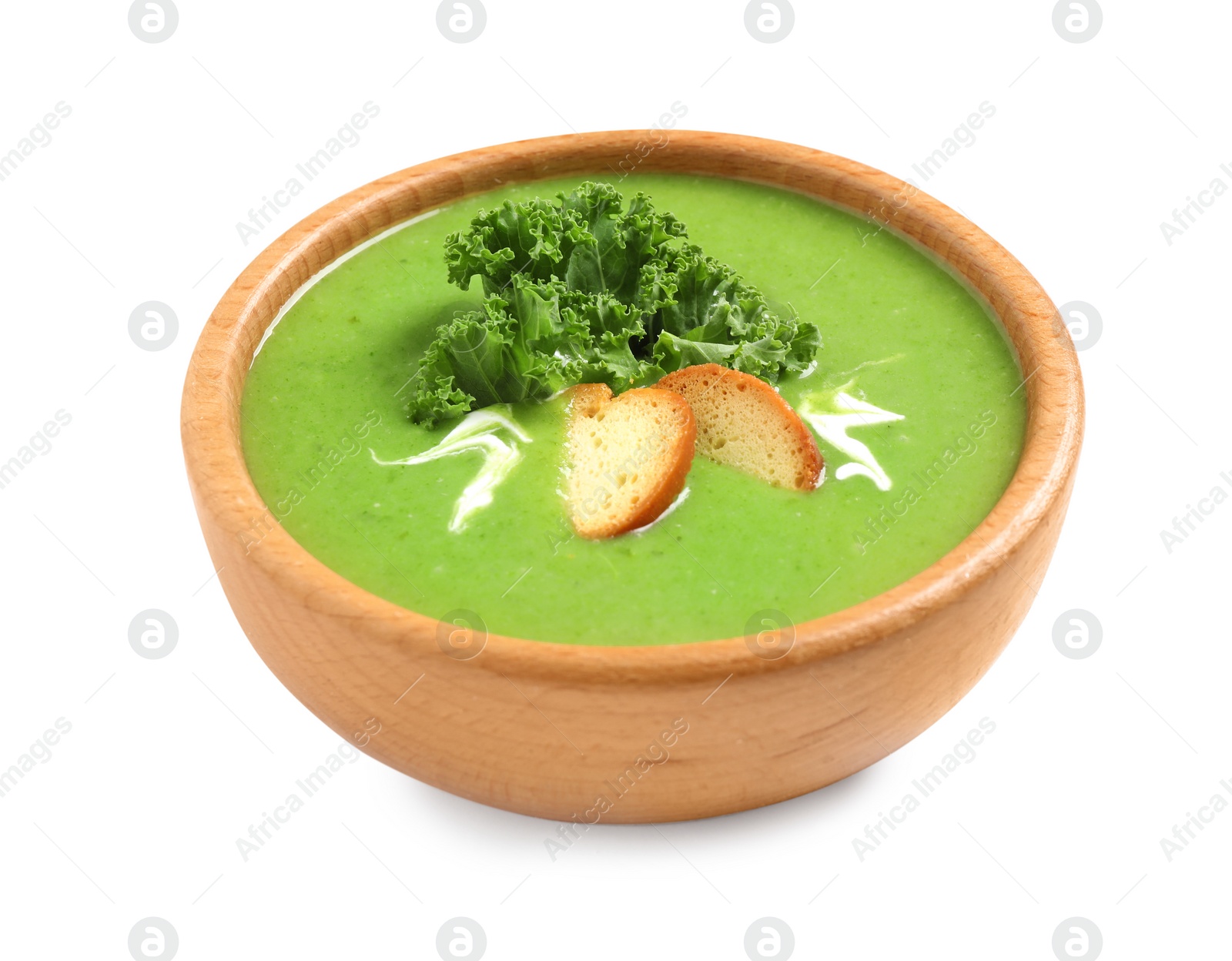 Photo of Tasty kale soup with croutons isolated on white