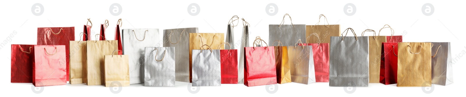 Image of Set of paper shopping bags on white background. Banner design