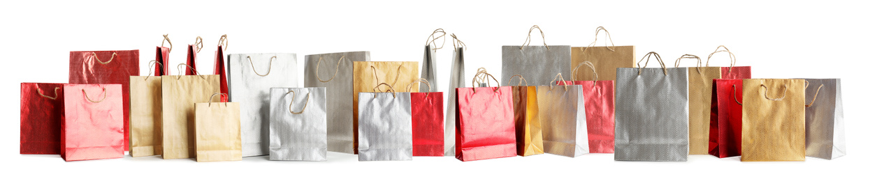 Set of paper shopping bags on white background. Banner design