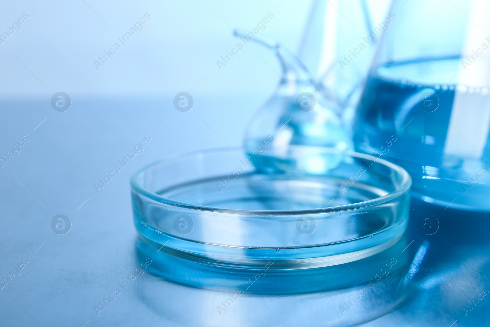 Photo of Laboratory glassware with liquid on table, space for text. Solution chemistry