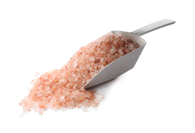 Photo of Scoop with pink himalayan salt isolated on white