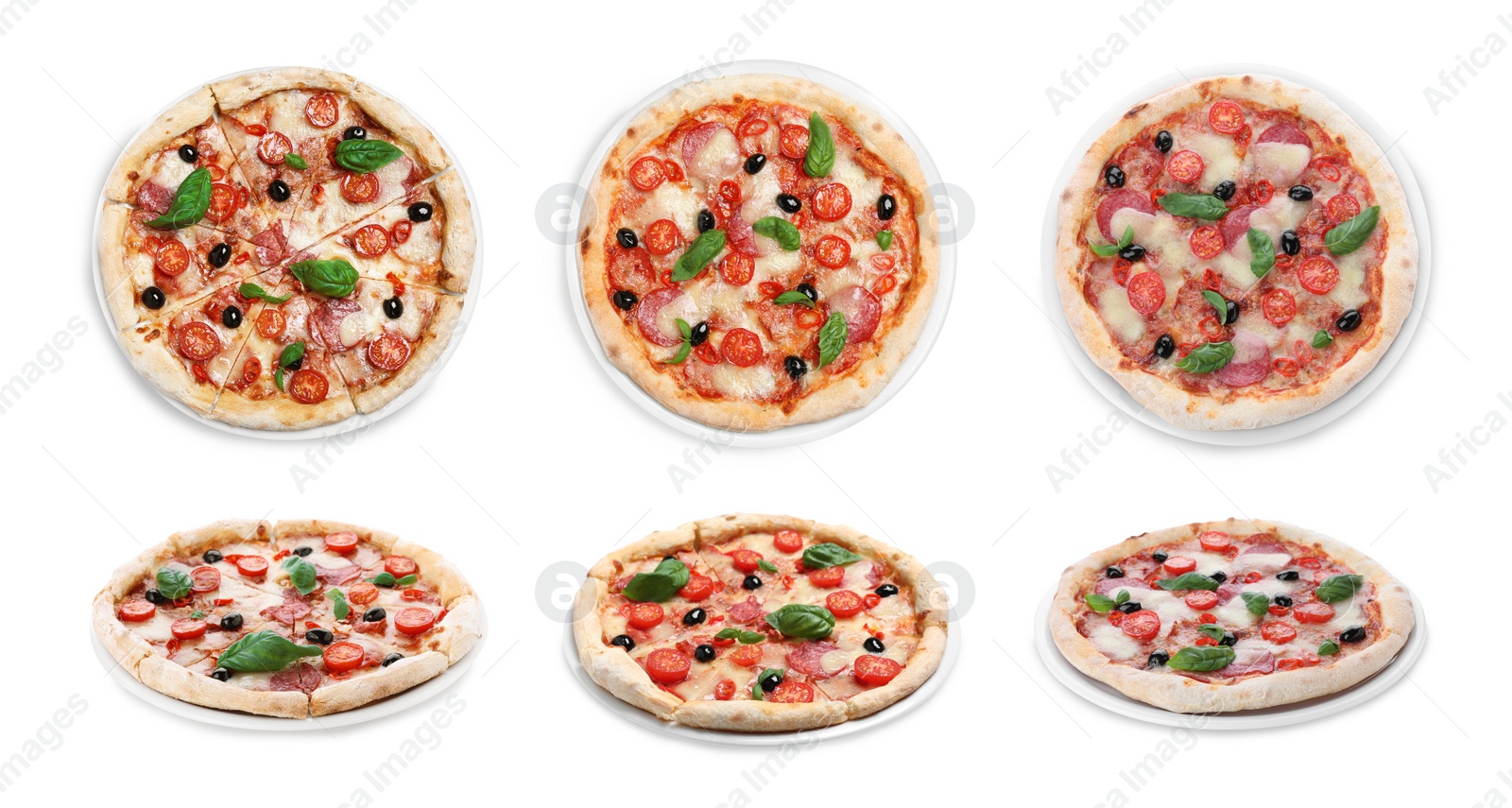 Image of Set with different delicious pizzas on white background