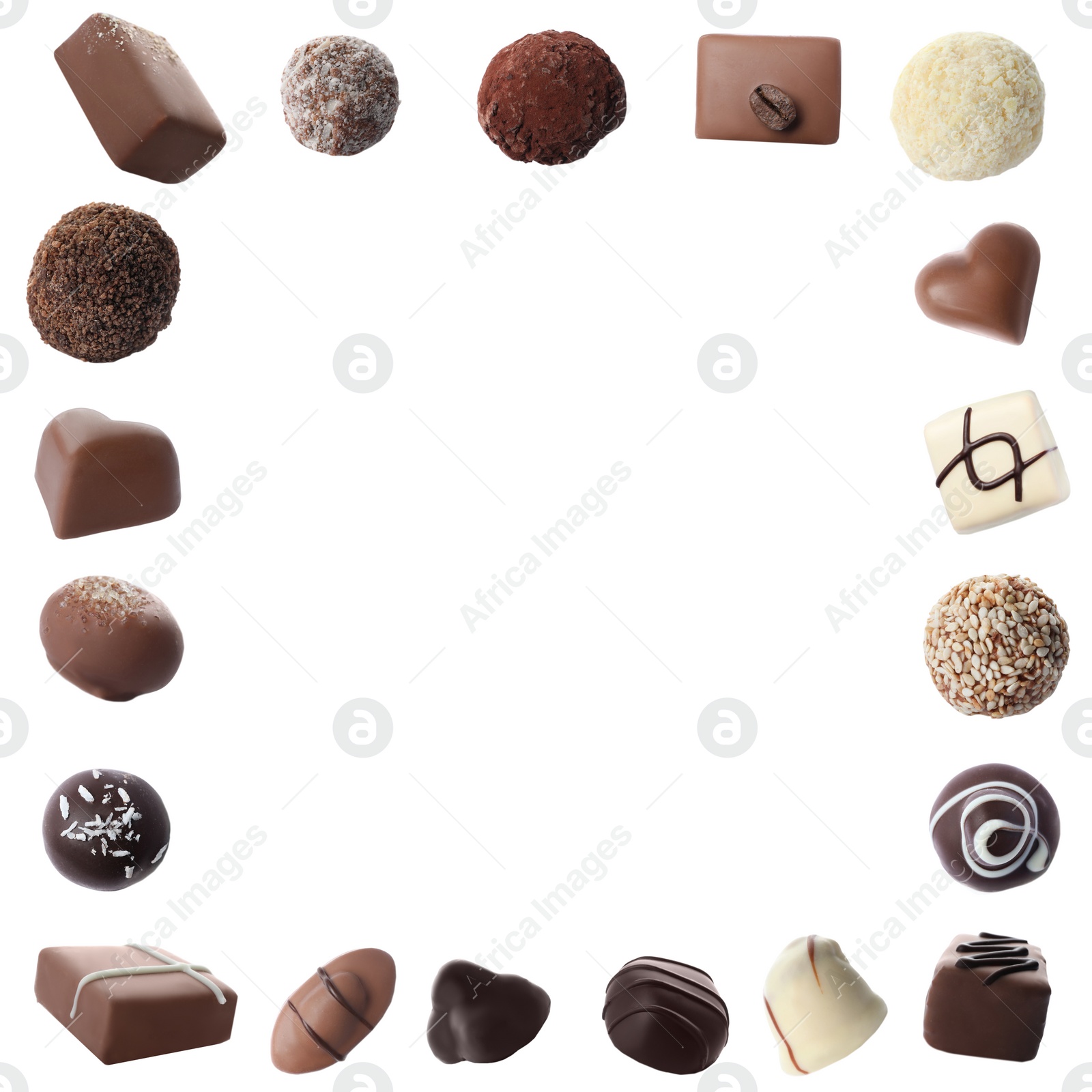 Image of Set with different chocolate candies on white background