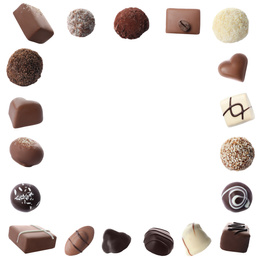 Image of Set with different chocolate candies on white background