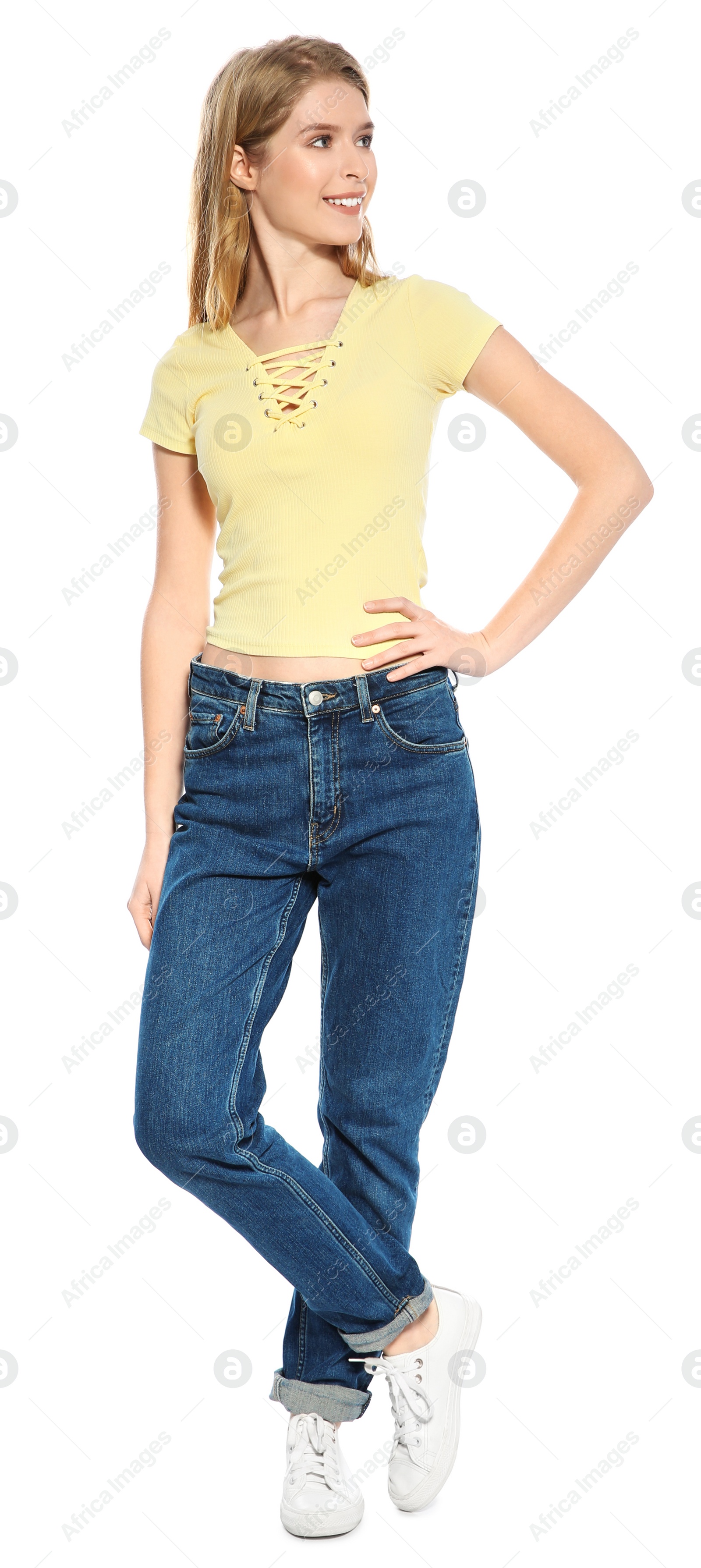 Photo of Portrait of beautiful young woman on white background