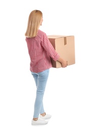 Photo of Woman carrying carton box on white background. Posture concept