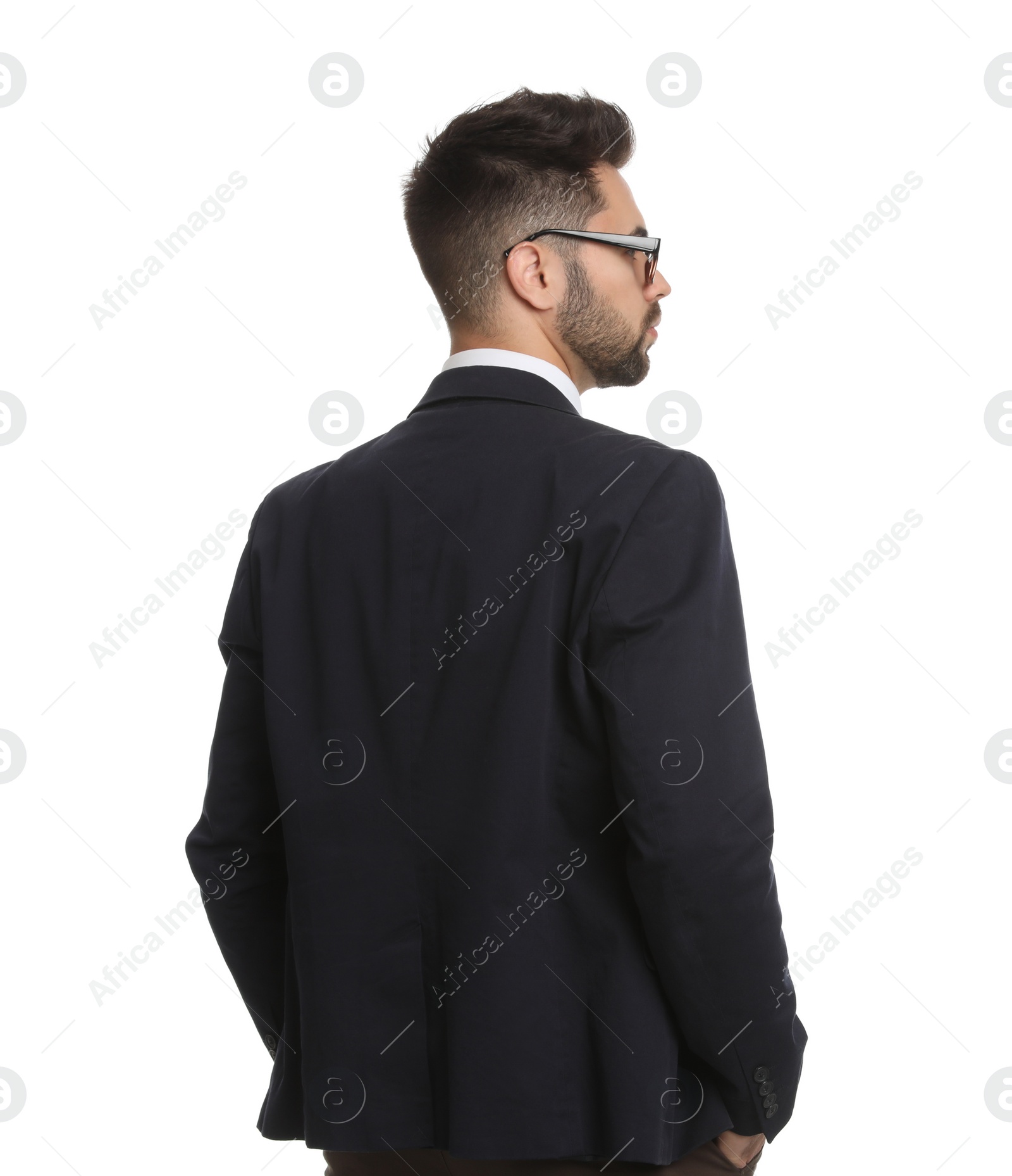 Photo of Young businessman in suit on white background