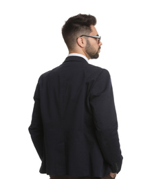 Photo of Young businessman in suit on white background