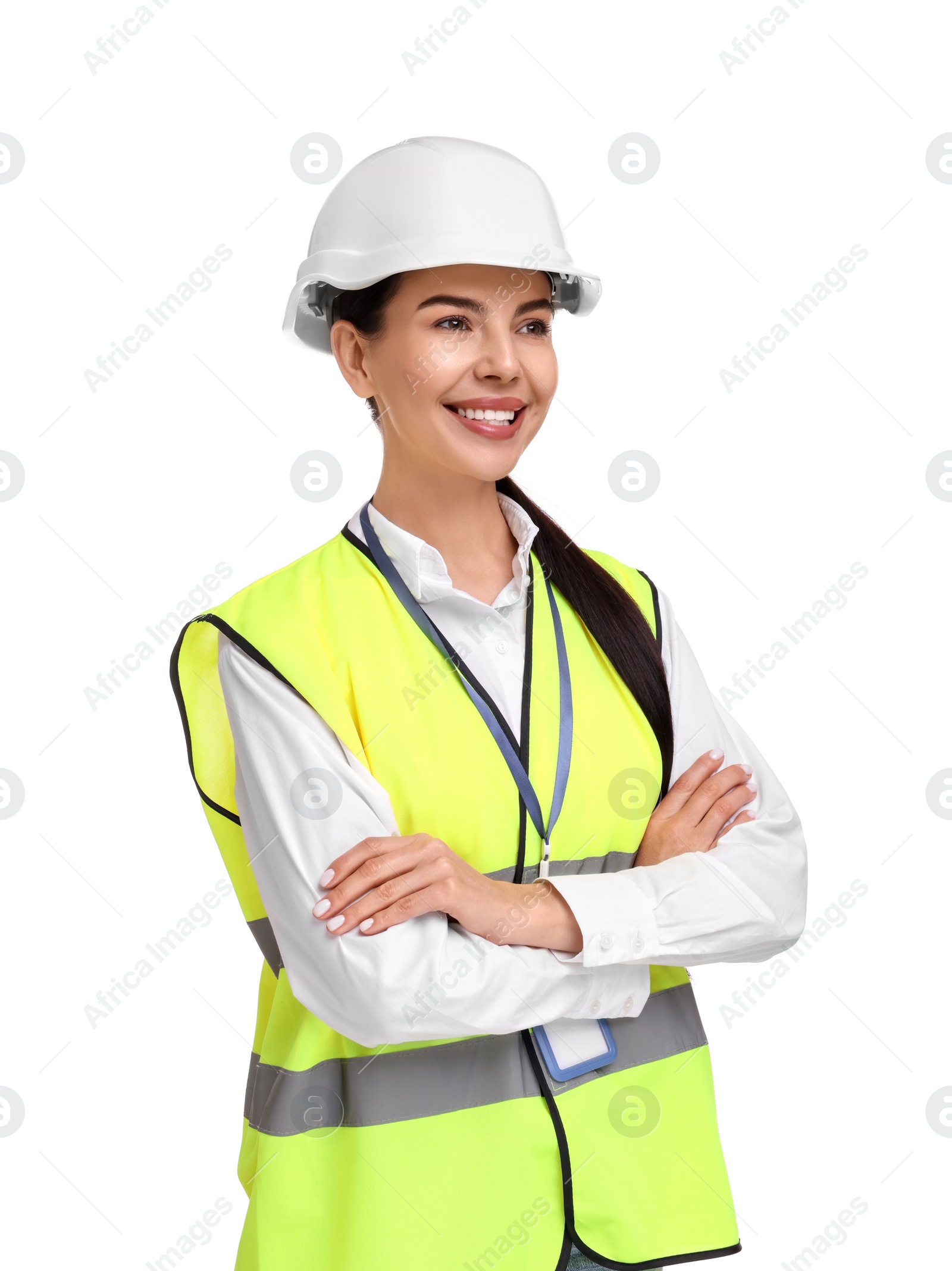 Photo of Engineer in hard hat on white background